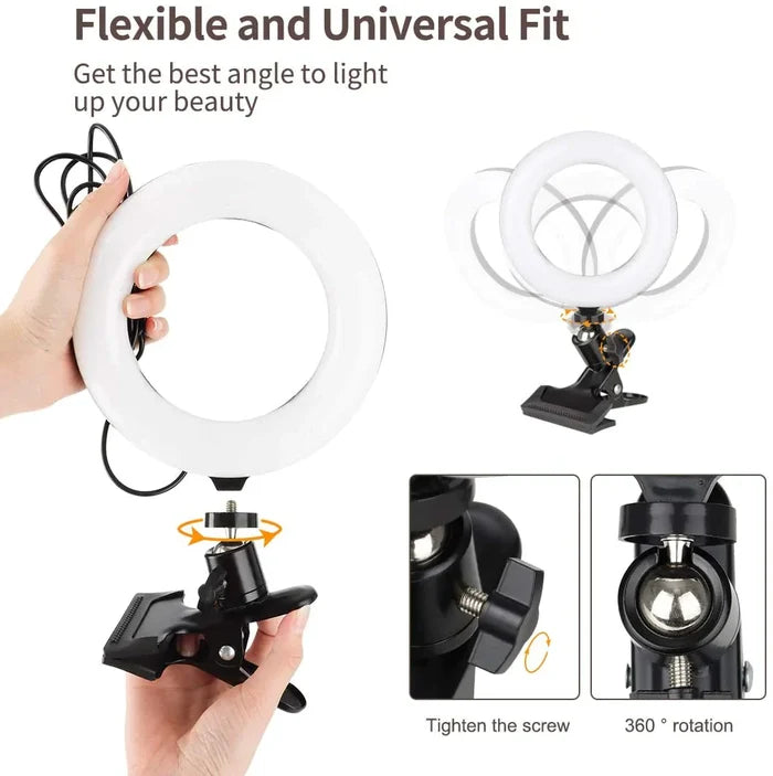 LED Ring Light Stand with Clip, The Ultimate 2-in-1 Lighting Solution: black, white clip-on ring light with USB cable, minima