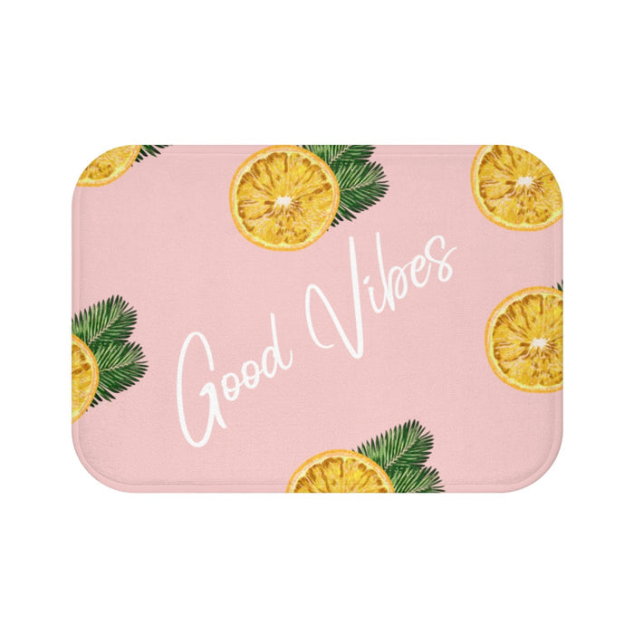 Lemon Bath Mat, Embrace the Positive Vibes: pink, yellow lemon and palm leaf tropical theme, tropical graphic style