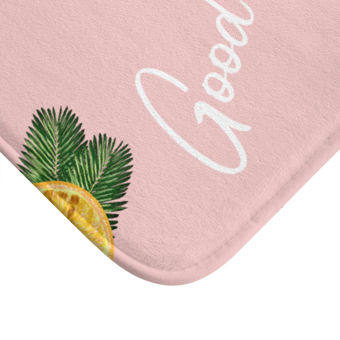 Lemon Bath Mat, Embrace the Positive Vibes: pink, yellow lemon and palm leaf tropical theme, tropical graphic style