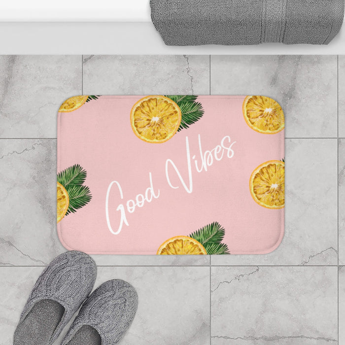 Lemon Bath Mat, Embrace the Positive Vibes: pink, yellow lemon and palm leaf tropical theme, tropical graphic style