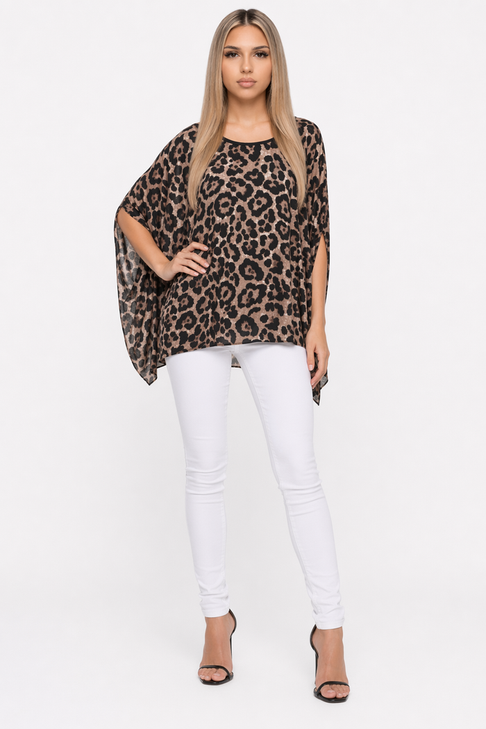 Leopard Print Chiffon Batwing Blouse for Women Default