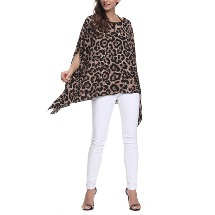 Leopard Print Chiffon Batwing Blouse for Women: brown, black leopard print, animal print fashion style