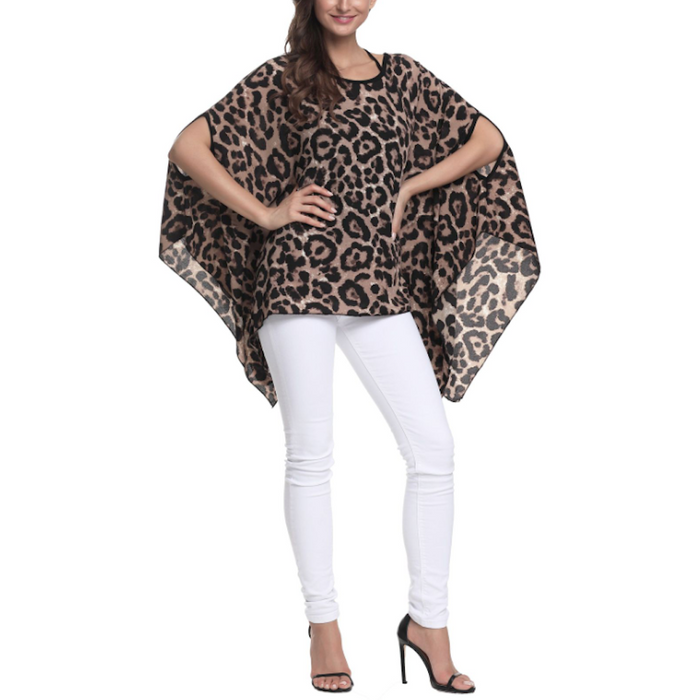 Leopard Print Chiffon Batwing Blouse for Women: brown, black leopard print, animal print fashion style