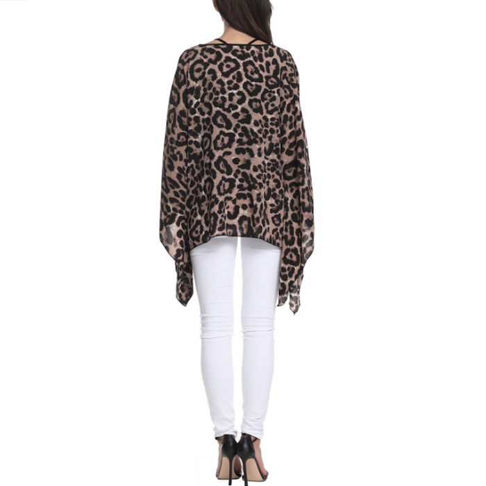 Leopard Print Chiffon Batwing Blouse for Women: brown, black leopard print, animal print fashion style