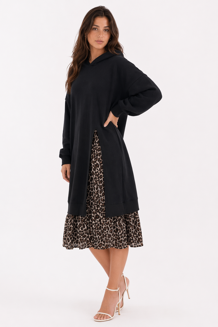 Leopard Print Dress Hoodie for Women with Layered Appearance Black