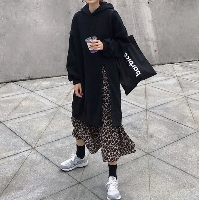 Leopard Print Dress Hoodie for Women with Layered Appearance: black, brown hooded sweatshirt dress outfit, casual streetwear