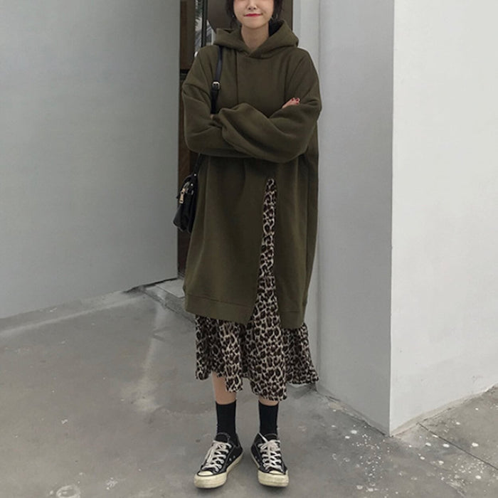 Leopard Print Dress Hoodie for Women with Layered Appearance: black, brown hooded sweatshirt dress outfit, casual streetwear