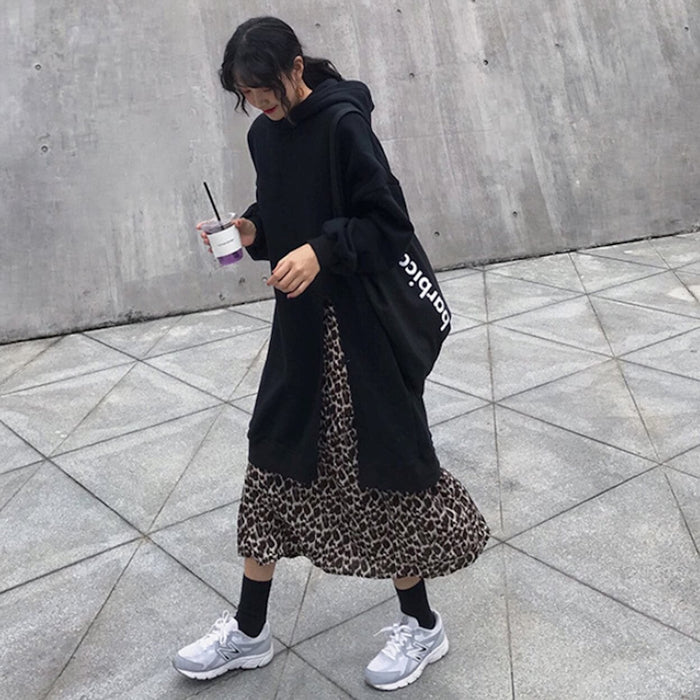 Leopard Print Dress Hoodie for Women with Layered Appearance: black, brown hooded sweatshirt dress outfit, casual streetwear