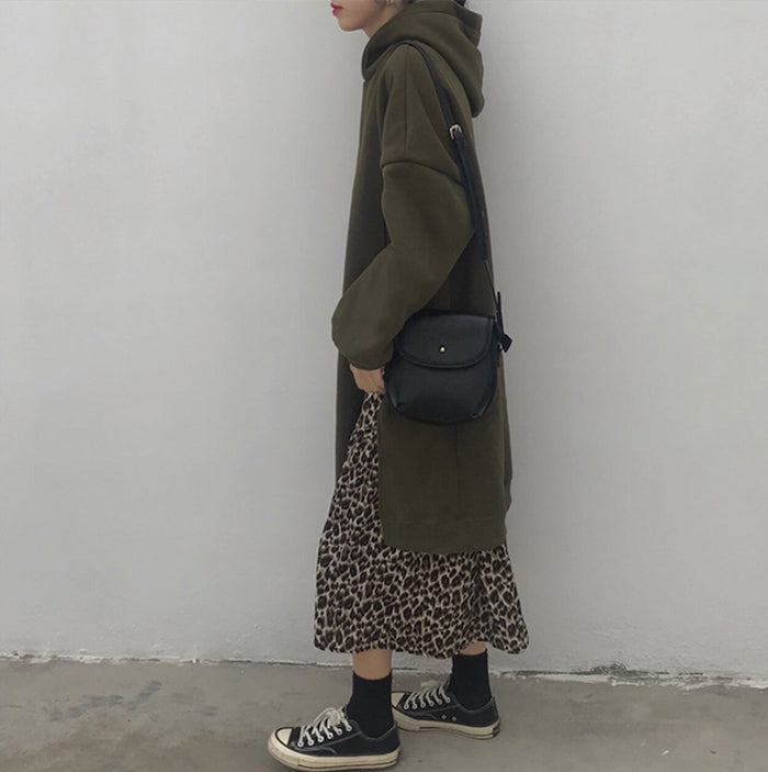 Leopard Print Dress Hoodie for Women with Layered Appearance: black, brown hooded sweatshirt dress outfit, casual streetwear