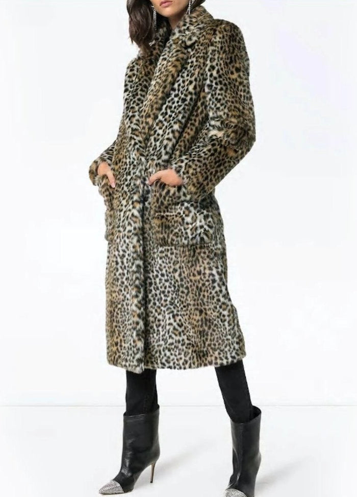 Leopard Print Faux Fur Coat for Women Featuring Convenient Pockets: tan, brown long coat, animal-print fashion style