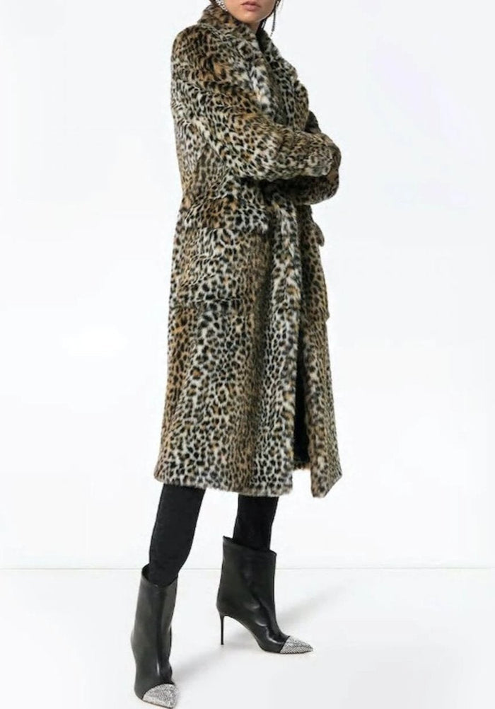 Leopard Print Faux Fur Coat for Women Featuring Convenient Pockets: tan, brown long coat, animal-print fashion style