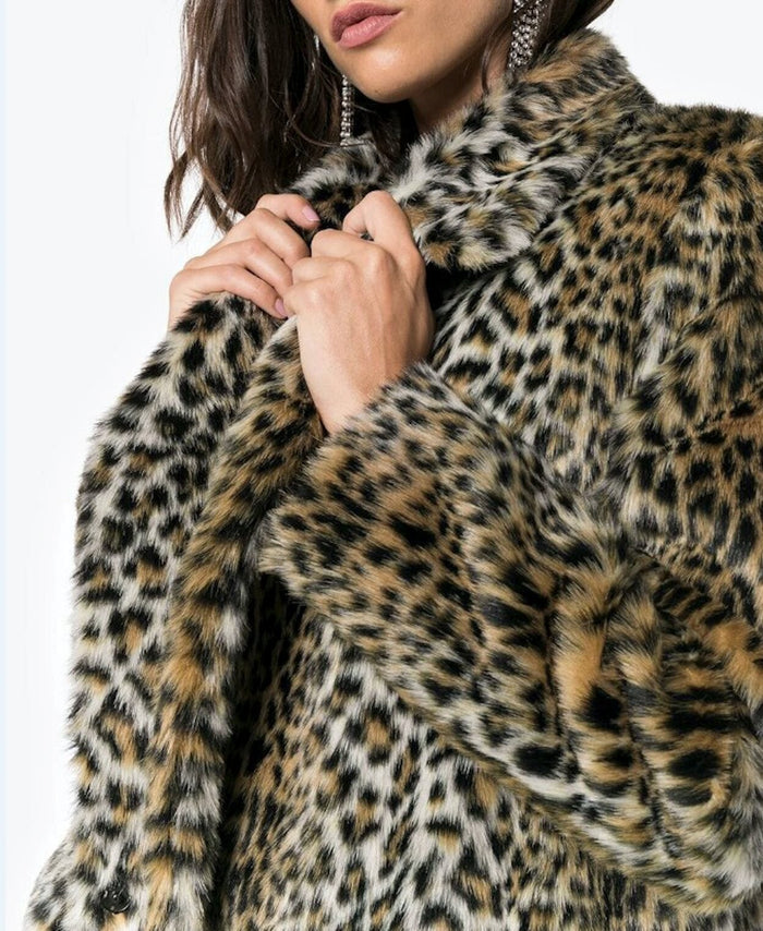 Leopard Print Faux Fur Coat for Women Featuring Convenient Pockets: tan, brown long coat, animal-print fashion style
