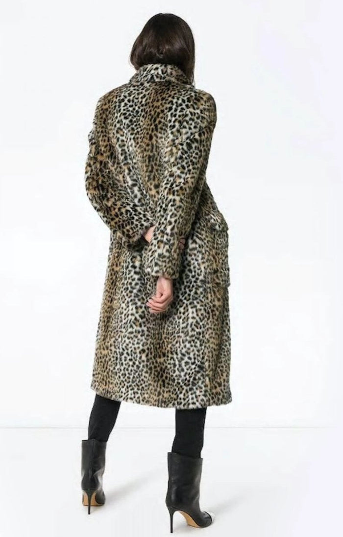 Leopard Print Faux Fur Coat for Women Featuring Convenient Pockets: tan, brown long coat, animal-print fashion style