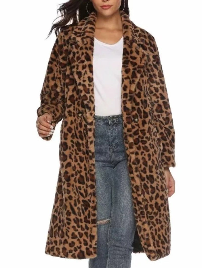 Leopard Print Mid-Length Women's Coat: brown, tan leopard print, animal print fashion style