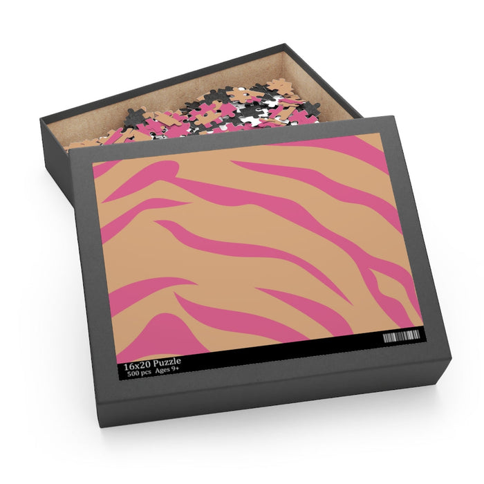 Leopard Print Pink Stripes 500-Piece Jigsaw Puzzle: tan, pink zebra-stripe pattern, bold graphic pattern style