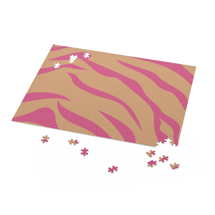 Leopard Print Pink Stripes 500-Piece Jigsaw Puzzle: tan, pink zebra-stripe pattern, bold graphic pattern style