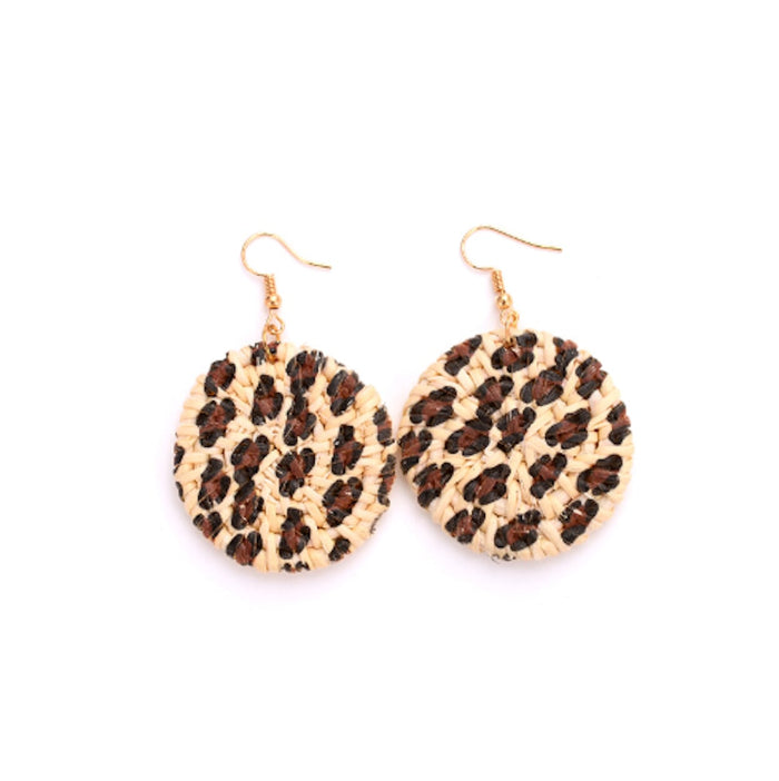 Leopard Print Rattan Dangle Earrings: beige, brown chocolate chip cookies, novelty, realistic food-inspired style