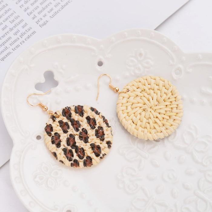 Leopard Print Rattan Dangle Earrings: beige, brown chocolate chip cookies, novelty, realistic food-inspired style