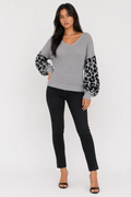 Leopard Print Sleeved Women's V Neck Sweater Gray