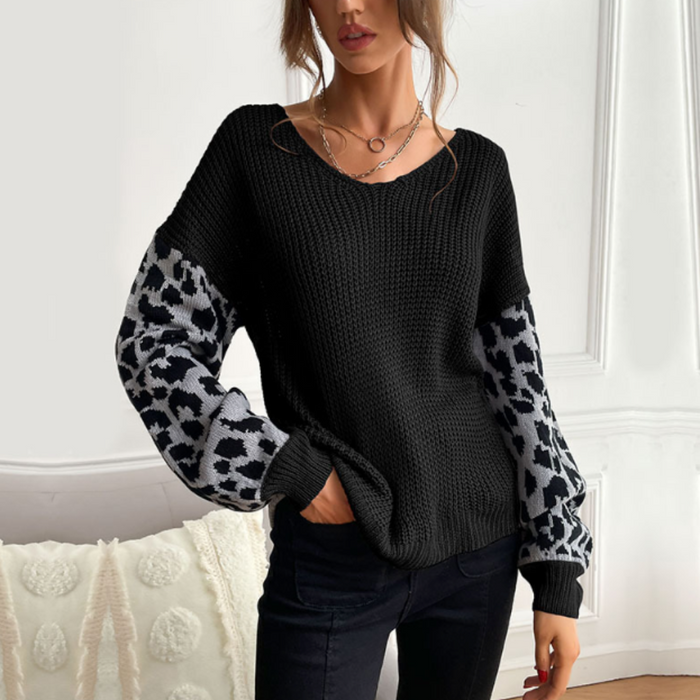 Leopard Print Sleeved Women's V Neck Sweater: light gray, black sweater, casual style