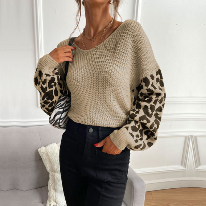 Leopard Print Sleeved Women's V Neck Sweater: light gray, black sweater, casual style