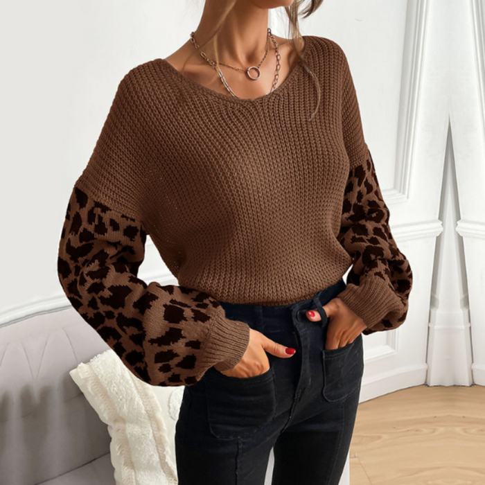 Leopard Print Sleeved Women's V Neck Sweater: light gray, black sweater, casual style