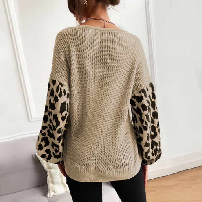 Leopard Print Sleeved Women's V Neck Sweater: light gray, black sweater, casual style