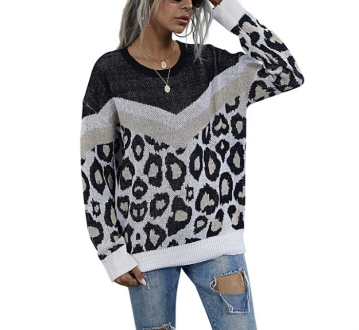 Leopard Print Sweater for Women with a Round Neck: black, white leopard print pattern, casual style