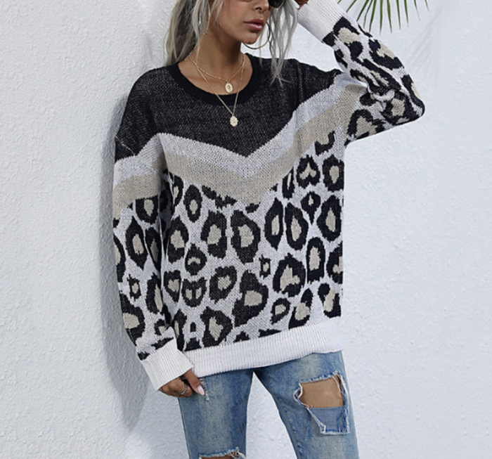 Leopard Print Sweater for Women with a Round Neck: black, white leopard print pattern, casual style