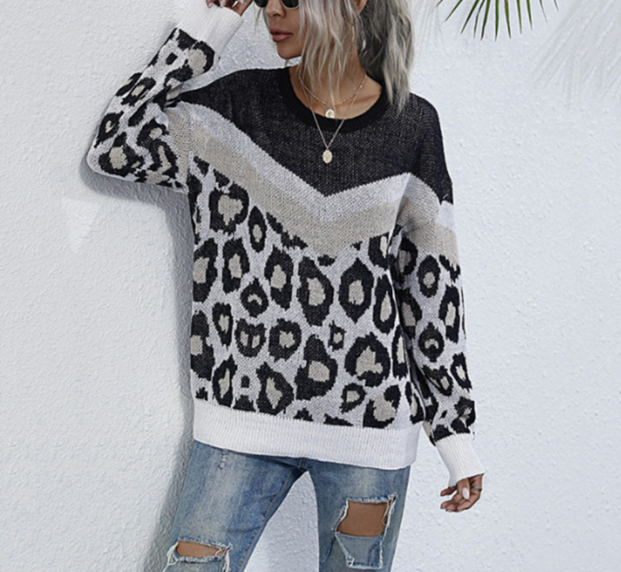 Leopard Print Sweater for Women with a Round Neck: black, white leopard print pattern, casual style