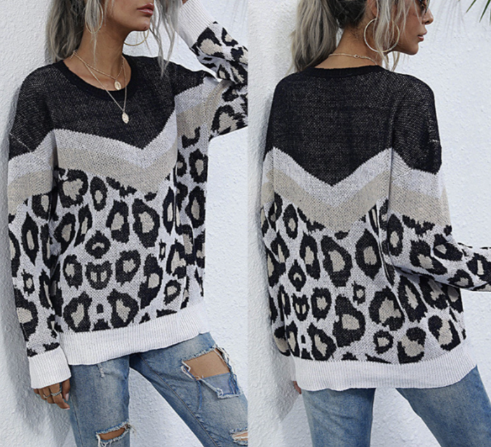 Leopard Print Sweater for Women with a Round Neck: black, white leopard print pattern, casual style