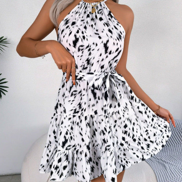 Leopard Print Women's Dress without "" Mention: beige, black halter-neck tiered dress, casual feminine style
