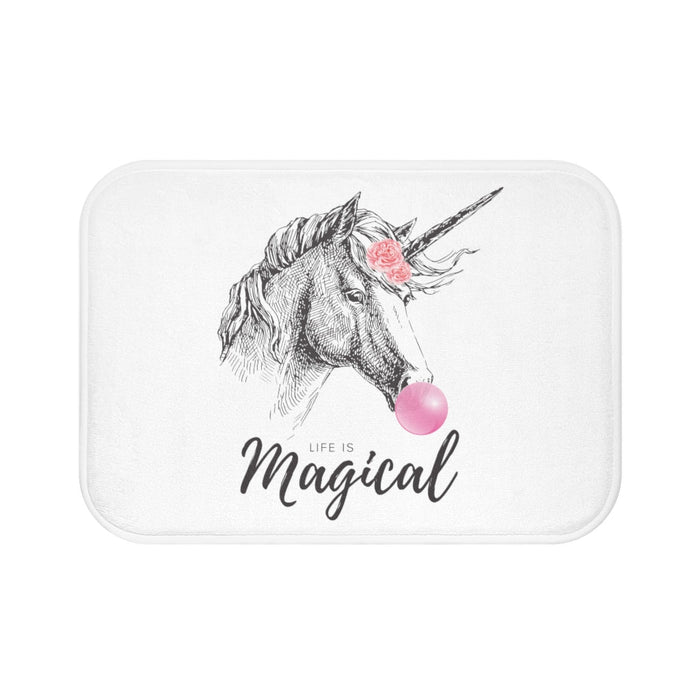 Life is Enchanting Unicorn Bubble Bath Mat: white, gray unicorn, whimsical illustrated style
