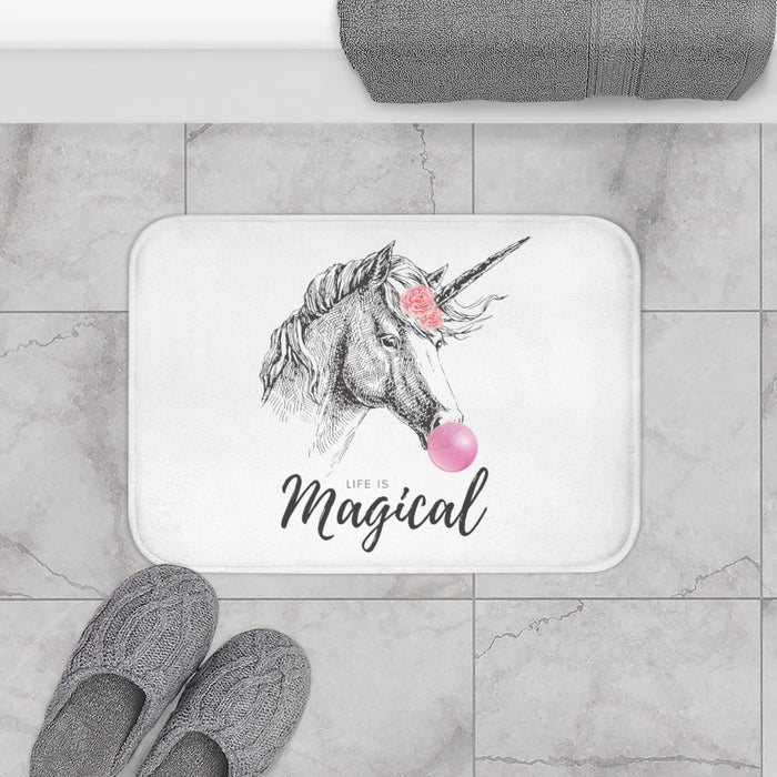 Life is Enchanting Unicorn Bubble Bath Mat: white, gray unicorn, whimsical illustrated style