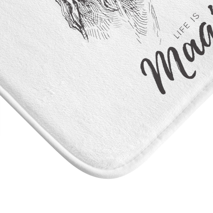 Life is Enchanting Unicorn Bubble Bath Mat: white, gray unicorn, whimsical illustrated style