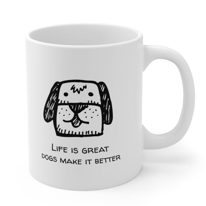 Life is Enhanced with a Canine Novelty Cup: white, black cartoon dog, minimal cartoon style