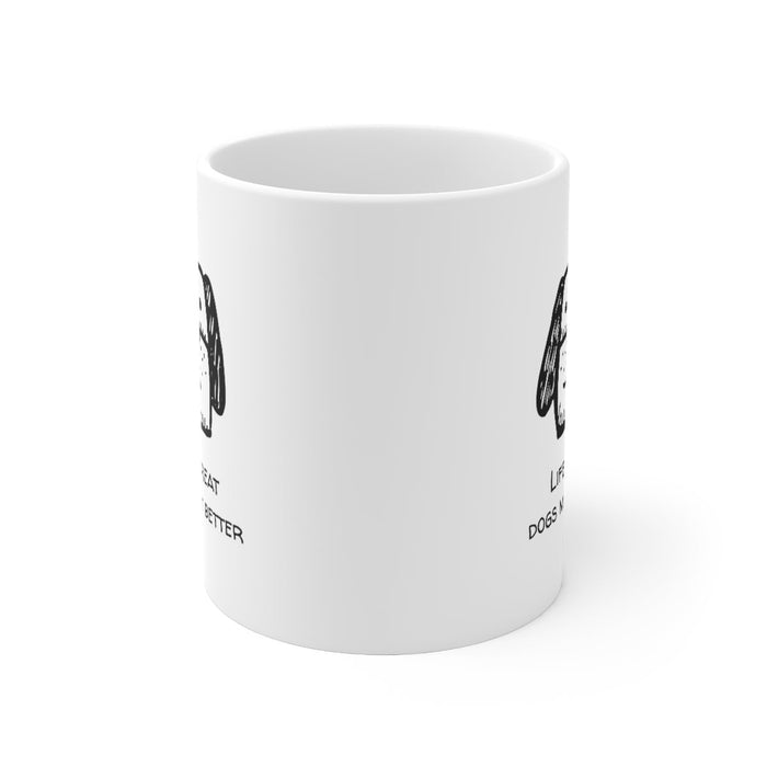 Life is Enhanced with a Canine Novelty Cup: white, black cartoon dog, minimal cartoon style