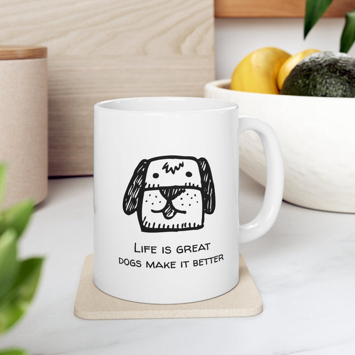 Life is Enhanced with a Canine Novelty Cup: white, black cartoon dog, minimal cartoon style