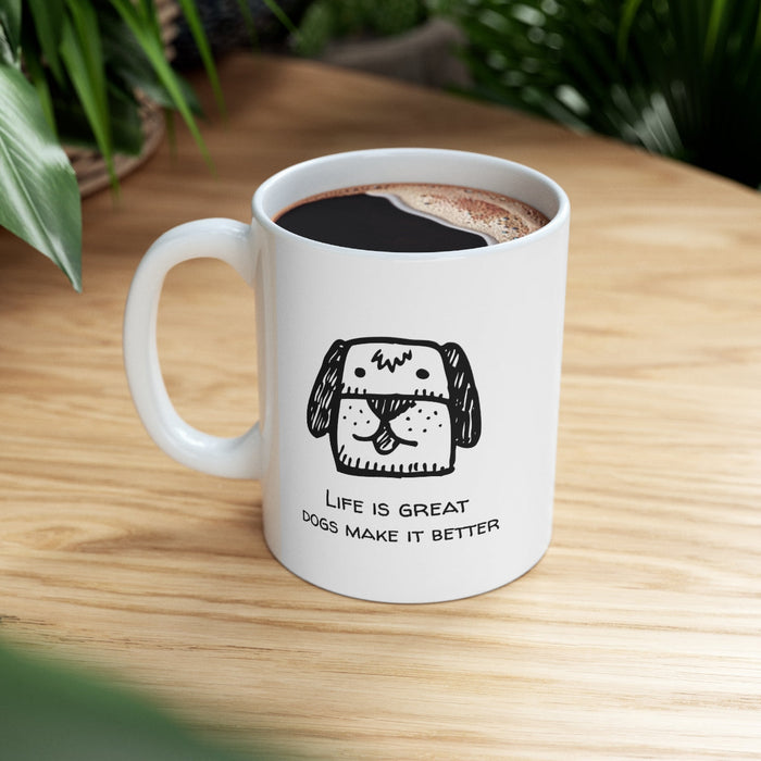 Life is Enhanced with a Canine Novelty Cup: white, black cartoon dog, minimal cartoon style