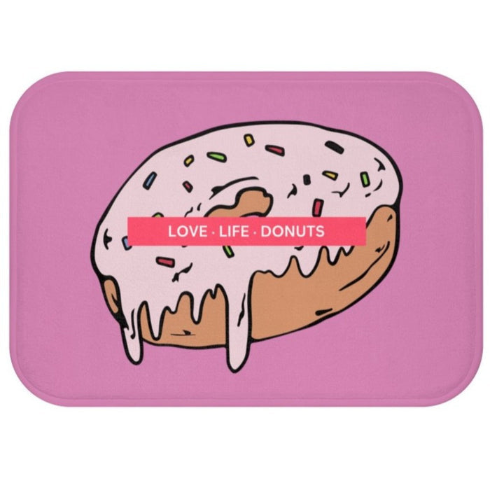 Life of Love Donuts Bathroom Rug: pink, light pink iced donut, cartoon, kawaii style