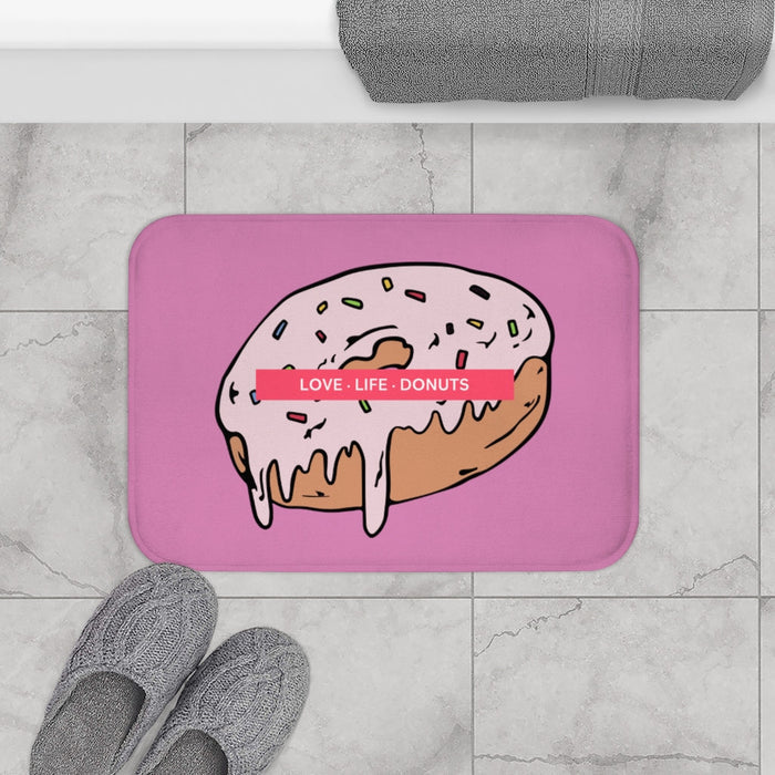 Life of Love Donuts Bathroom Rug: pink, light pink iced donut, cartoon, kawaii style
