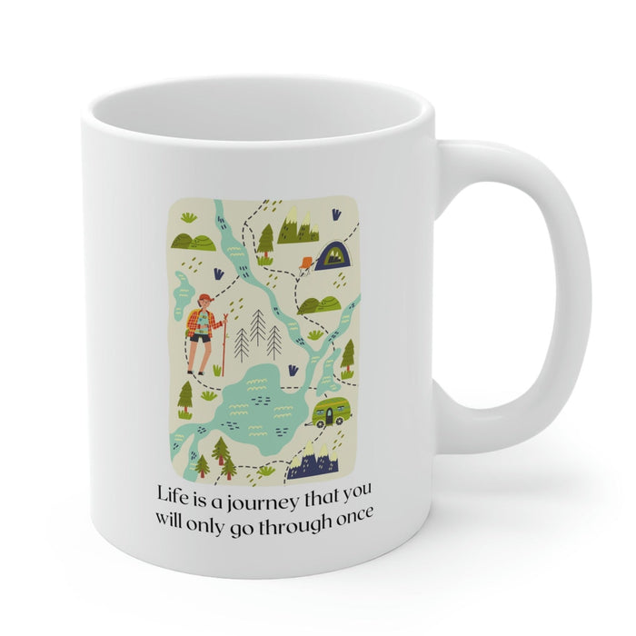 Life's Voyage Coffee and Tea Mug: white, green outdoor travel/camping theme, cartoon illustrated style