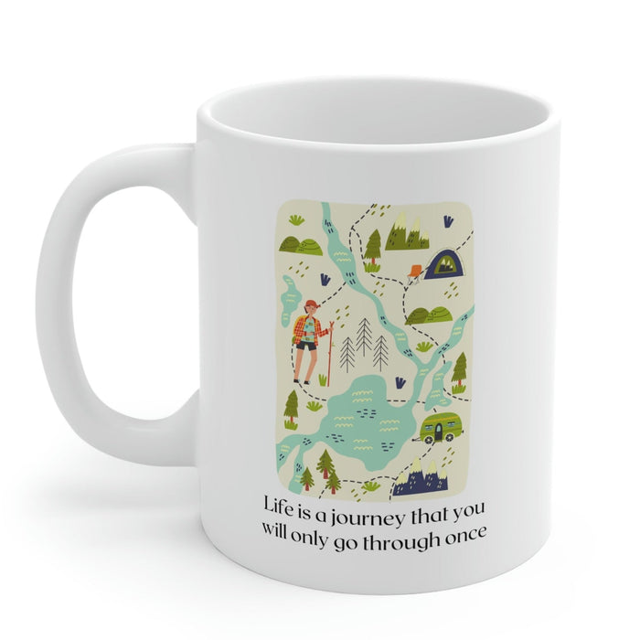 Life's Voyage Coffee and Tea Mug: white, green outdoor travel/camping theme, cartoon illustrated style