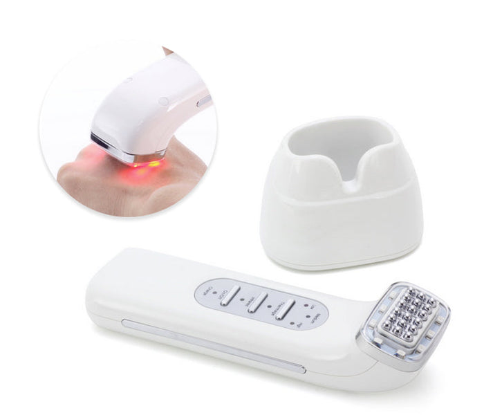 Lift and Beautify Skincare Device: white, silver handheld electronic skincare/beauty device with charging stand, minimal mode