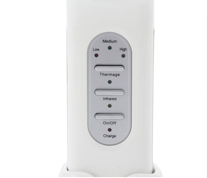 Lift and Beautify Skincare Device: white, silver handheld electronic skincare/beauty device with charging stand, minimal mode