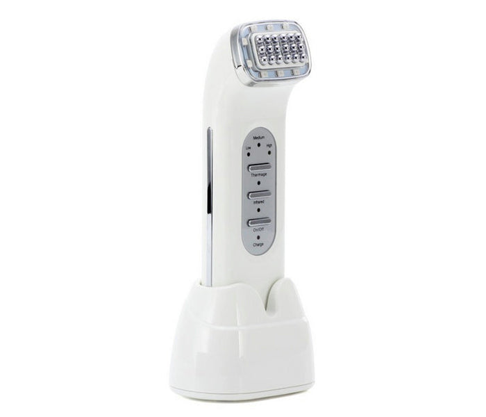 Lift and Beautify Skincare Device: white, silver handheld electronic skincare/beauty device with charging stand, minimal mode