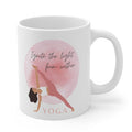 Light Up Your Yoga Journey Mug: white, pink yoga pose illustration, minimal watercolor illustration style