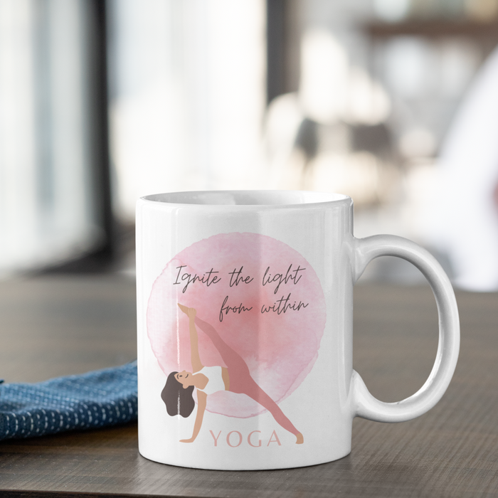 Light Up Your Yoga Journey Mug: white, pink yoga pose illustration, minimal watercolor illustration style