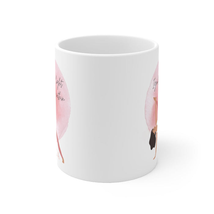 Light Up Your Yoga Journey Mug: white, pink yoga pose illustration, minimal watercolor illustration style
