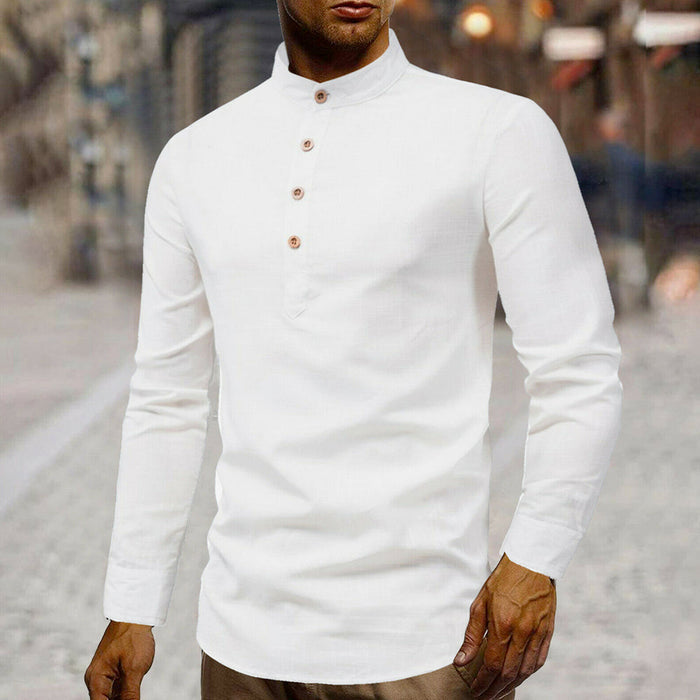 Linen Half-Button Round Neck Men's Shirt: white, brown long-sleeve pullover shirt, minimal style